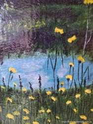 Картина пейзаж горное озера луг в желтых цветах 3